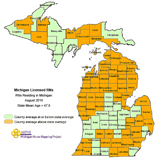 map depicting RN mean age by county in 2019